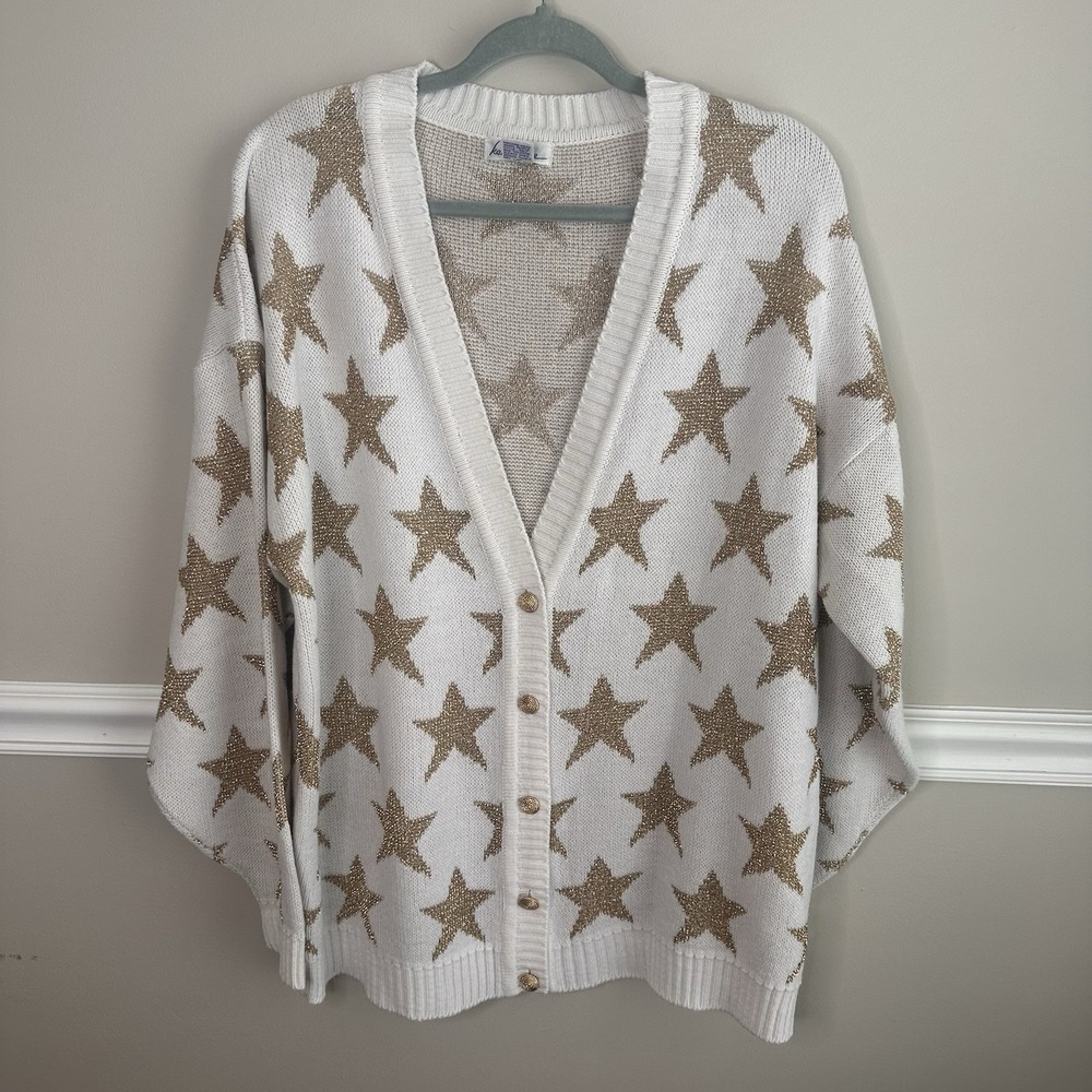 Vtg 80s Womens Cardigan XL White Gold Metallic Stars Oversized Sweater Glam